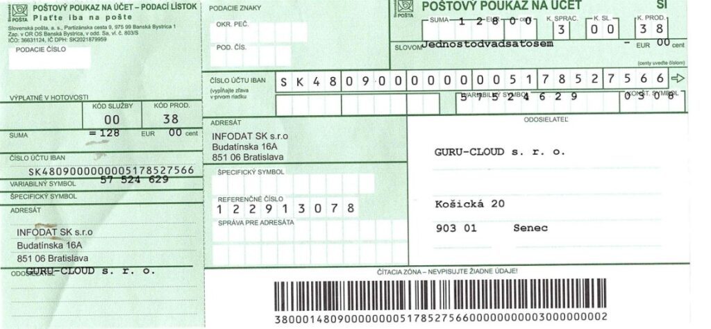 Poštová poukážka priložená k falošnému listu na úhradu poplatku za "register obchodných spoločností"